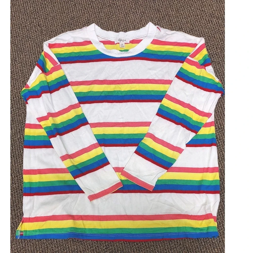 Style & Co Striped Long Sleeve Shirt Womens Medium Multicolor Rainbow Crew Neck - Picture 2 of 7
